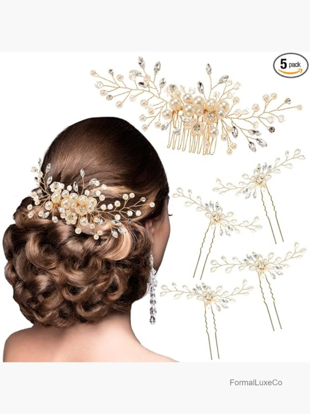 Vintage Pearl Crystal Rhinestone Wedding Hair Comb & 4 Hair Pins Set